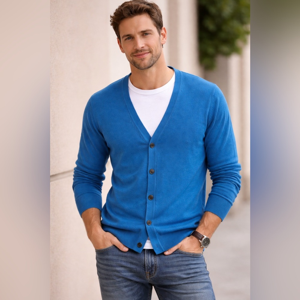 100% Cotton - H&M Men's Fitted Vibrant Blue Cardigan  - size XL